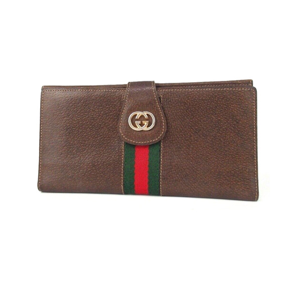 Authentic Brown Vintage GUCCI Leather Wallet Traditional Red and Green Stripe - Picture 1 of 8